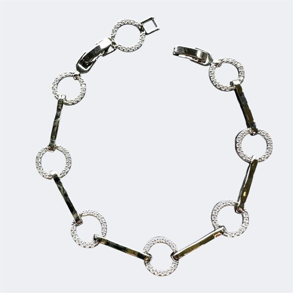 NEW Pretty Bird Pave Circular & Bar Link White Gold Plated Bracelet 6.75" / 7.5" - Picture 12 of 13